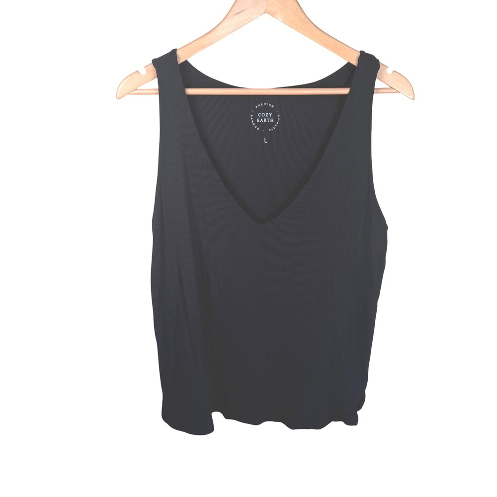 Cozy Earth Ribbed Tank Top Womens Large Black‎ Bamboo V-Neck Sleeveless Basic